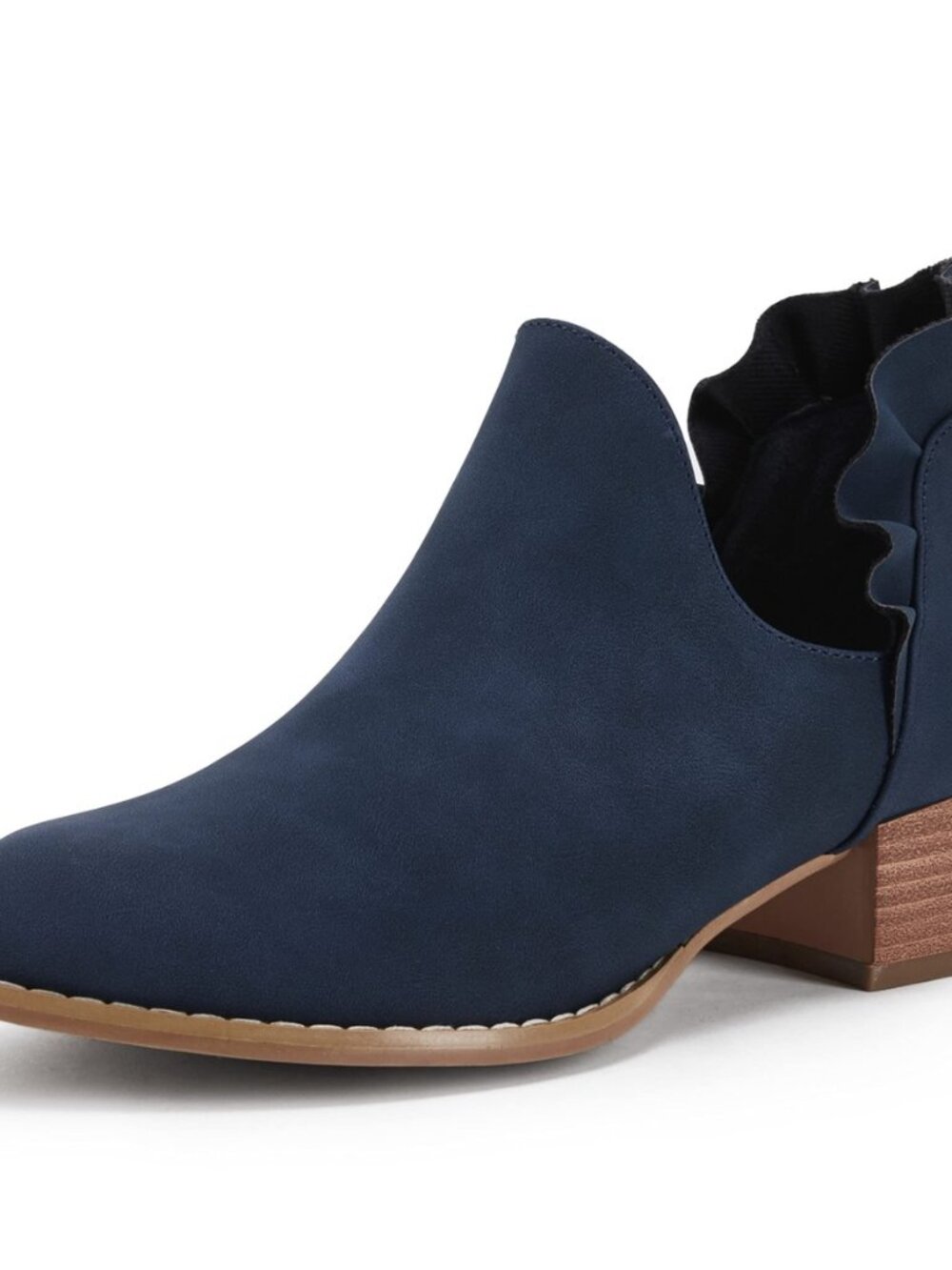 Womens Ruffled Ankle Boots V Cut Out Pointed Toe Chunky Low Heel Dressy Western